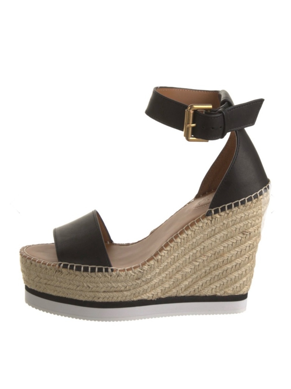 See By Chloe Black Leather Espadrille Wedge Sandals with Ankle Buckle